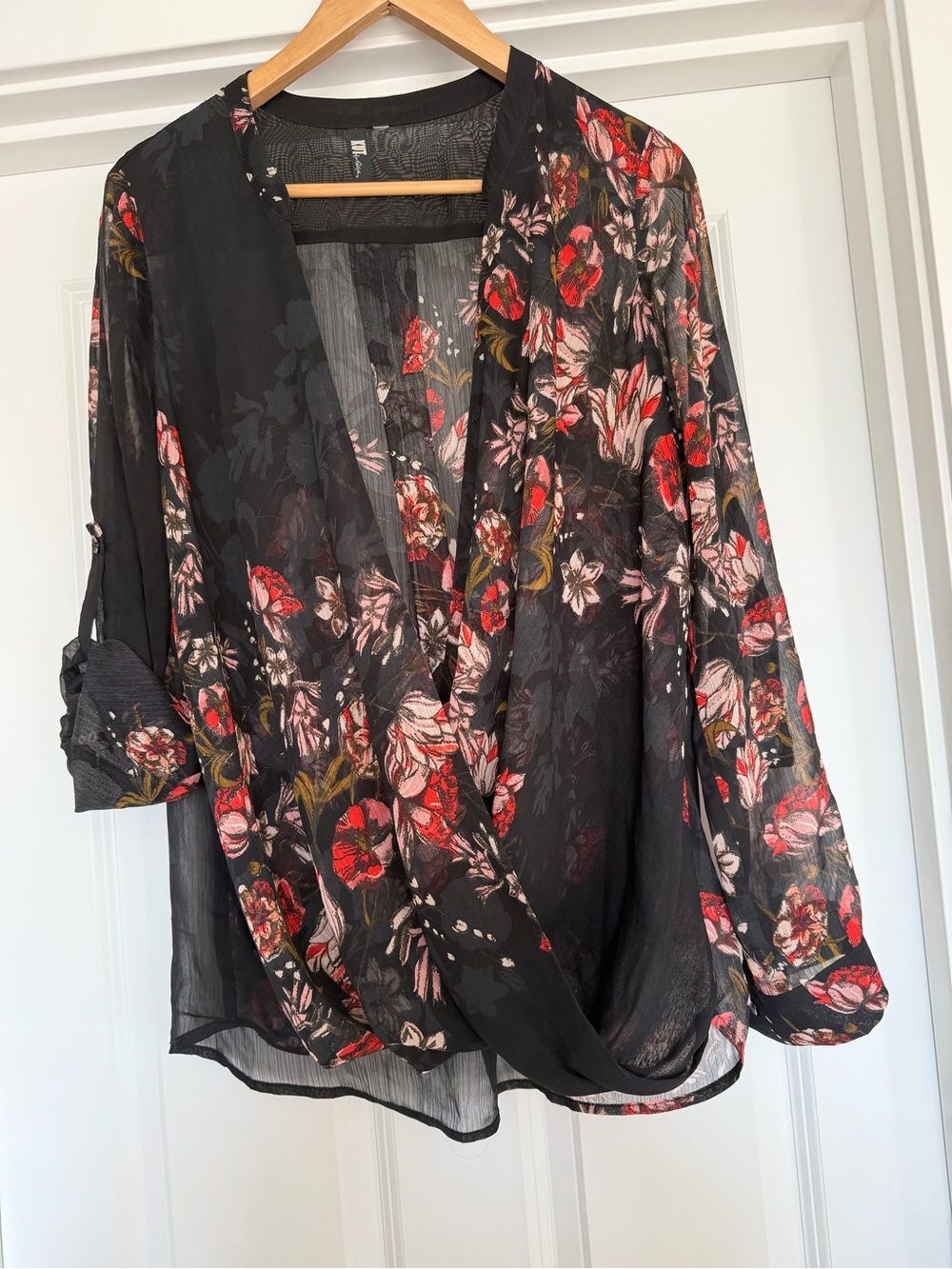 Black Floral Wrap Blouse - Women's Top Lg/Xl